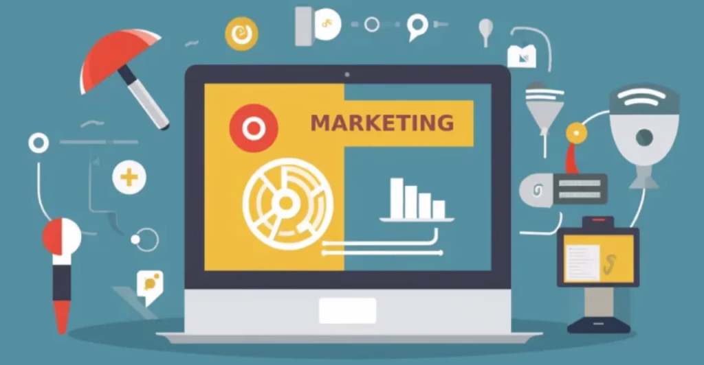 Illustratie van een marketing dashboard met grafieken en online marketing analyse op een laptop