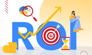 “Infographic over ROI (Return on Investment) met elementen zoals investering, kapitaal, verkoop, berekening, rendement en succes rondom de centrale ROI-tekst.”